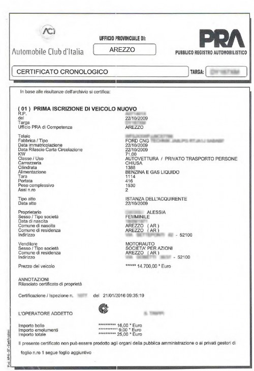 Certificato cronologico PRA